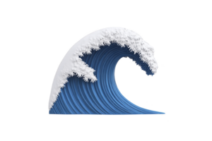Stylized blue ocean wave with white frothy crest, resembling classic Japanese art style, is depicted against transparent background. wave dynamic form conveys movement and energy png