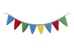 Colorful triangular pennant banner with red, blue, green, and yellow flags, perfect for festive decorations and celebrations. vibrant design adds cheerful touch to any event png