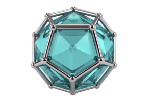 Geometric 3D shape with metallic frame encases transparent blue polyhedron, creating futuristic and intricate design. structure is visually striking and complex png