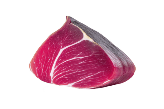 Slice of cured ham with rich marbling and deep red color, showcasing its texture and quality. ham is isolated on transparency background, highlighting its savory appeal png