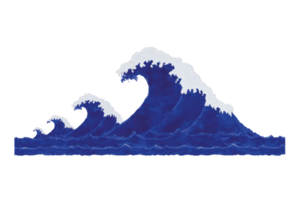 Stylized illustration of three ocean waves with white crests, set against transparent background, evokes sense of movement and power. deep blue color adds dramatic effect png