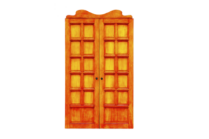Vibrant wooden double door with decorative top and square panel design, showcasing warm orange and yellow color scheme, perfect for adding rustic charm to any space png