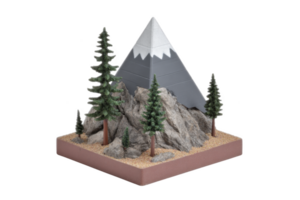 Miniature mountain landscape features pyramid shaped peak surrounded by evergreen trees and rocky terrain, set on square base. scene evokes sense of tranquility and natural beauty png