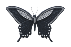 Beautifully detailed black butterfly with intricate white patterns on its wings, showcasing elegance and symmetry. design features delicate swirls and dots, creating striking contrast png