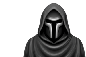 Mysterious hooded figure in dark cloak with glowing mask stands against transparency background, evoking sense of intrigue and enigma png