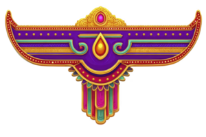 Vibrant, ornate design featuring intricate patterns in gold, purple, and pink, resembling decorative emblem or crest with symmetrical layout and jewel like accents png