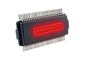 Microchip with glowing red light in center, surrounded by numerous metallic pins, symbolizes advanced technology and futuristic design png