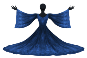 Graceful figure in flowing blue gown with wide sleeves stands with arms outstretched, exuding elegance and poise. intricate lace pattern adds touch of sophistication to ensemble png