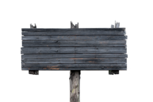 Weathered wooden signboard with rustic appearance stands against plain background, showcasing its aged texture and natural wood grain. sign is empty, ready for custom text or design png