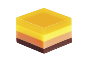 Vibrant, layered dessert cube featuring yellow, orange, and brown layers, resembling jelly or mousse treat. geometric shape and bright colors create visually appealing and modern look png