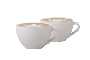 Two white ceramic cups filled with creamy latte art sit side by side, showcasing intricate designs on frothy surface. cups are simple yet elegant, highlighting artistry of coffee png
