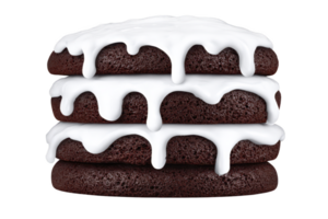 Stack of three chocolate cakes is layered with smooth, dripping white icing, creating tempting and indulgent dessert. rich, dark texture contrasts with glossy icing png