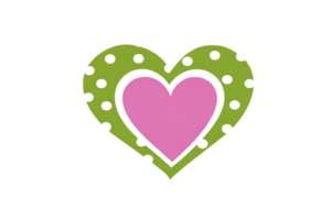 Pink heart is surrounded by green heart with black polka dots, creating playful and whimsical design. contrasting colors and patterns add fun and lively touch png