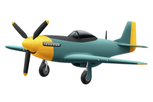 Colorful vintage propeller airplane with yellow nose and teal body, featuring sleek design and classic style. aircraft is shown in side view, highlighting its retro charm png
