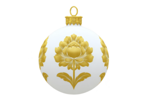White Christmas ornament adorned with elegant gold floral patterns and decorative top loop. intricate design adds touch of sophistication, perfect for festive decor png