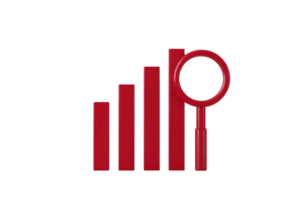 Red bar graph with magnifying glass symbolizes data analysis and growth. bars are arranged in ascending order, highlighting progress and insight png
