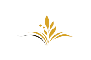 Decorative golden floral design with elegant curves and leaves, set against transparent background, perfect for invitations or logos png