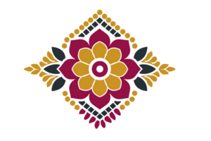 Vibrant geometric floral design features central pink and yellow flower with symmetrical leaves and dots, creating balanced and decorative pattern png