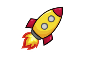 Colorful cartoon rocket with yellow body and red fins is depicted, showing fiery exhaust as it launches into space. playful design conveys excitement and adventure png