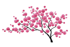 Vibrant illustration of cherry blossom tree with pink flowers and dark branches, evoking sense of spring and renewal. blossoms are round and clustered, creating lively and cheerful appearance png