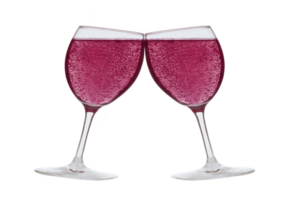 Two glasses of sparkling red wine clink together in celebration, creating festive and joyful atmosphere. vibrant color and bubbles add touch of elegance to scene png