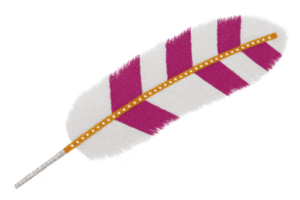 Vibrant, decorative feather with alternating pink and white stripes and dotted orange line down center, showcasing playful and artistic design png
