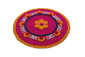 vibrante circular rangoli Projeto com intrincado floral padrões e brilhante cores, Incluindo rosa, laranja, e amarelo, criando festivo e decorativo Veja png