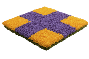 Colorful, textured square rug features bold purple cross pattern against vibrant yellow background, creating striking visual contrast. rug fluffy texture adds depth and interest png