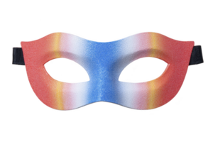 Colorful masquerade mask with gradient of red, blue, and yellow hues, featuring textured surface and black elastic strap, perfect for festive occasions png