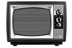 Vintage black and white television with textured frame and three control knobs on side, displaying static lines on screen, evokes nostalgia png