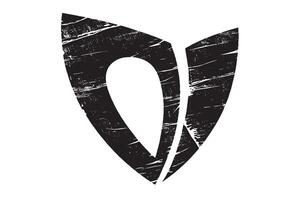 Bold abstract shield logo design in black and white with distressed, scratched grunge texture. Perfect for edgy branding, tech, fashion, or sports logo applications. vector