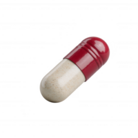 A single red and beige capsule isolated on a white background, representing medication or dietary supplements for health and wellness. png