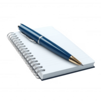 A sleek blue pen rests on an open spiral notebook with blank pages, symbolizing productivity and creativity in the workplace. png