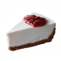 A slice of cheesecake on a white isolated background, topped with a vibrant strawberry sauce, highlighting its creamy texture and crumbly crust for a tempting dessert appeal. png