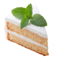 A slice of vanilla cake with creamy frosting and a fresh mint leaf, displayed on a white isolated background. png