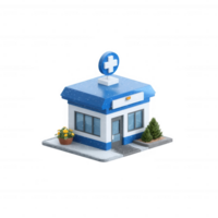 A small medical building with a blue roof and a cross symbol on top. Surrounded by potted plants, it represents healthcare services in a community setting. png