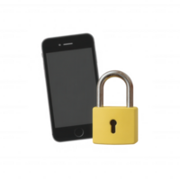 A smartphone secured with a yellow padlock, symbolizing security and protection of personal data on mobile devices. png