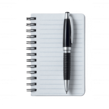 en spiralbunden anteckningsbok med tom sidor och en silver- penna vilar på topp, perfekt för anteckna, brainstorming, och kreativ skrivande. png