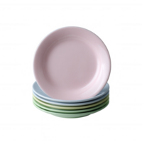 A stack of colorful ceramic plates in pastel shades, with a focus on the top pink plate against a white isolated background. png