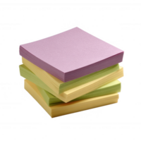 A stack of colorful sticky notes in purple and yellow shades on a white background, ideal for office organization and planning. png