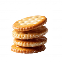 A stack of delicious golden crackers, perfect for snacking or pairing with cheese and dips. Isolated on a white background, showcasing their crispy texture and classic shape. png