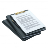 A stack of document folders with a clipboard holding a sheet of paper. The layout is neat and organized, perfect for presentations or office environments. png