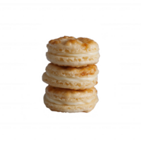 A stack of fluffy, golden biscuits showcasing flaky layers. Perfect for breakfast or a delicious snack. The warm, inviting texture is sure to satisfy anyone's craving. png