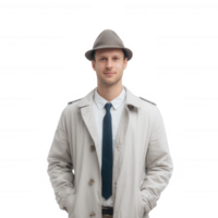 A stylish man in a light trench coat and hat, standing confidently with a neutral expression against a white backdrop. png
