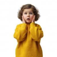 A surprised child with curly hair wearing a yellow sweater, showing a look of shock or astonishment, isolated on a white background. png