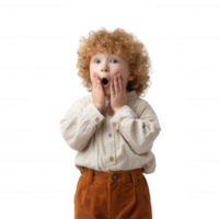 A surprised child expressing joy and excitement, with curly hair and a playful appearance. Captured in a moment of pure delight, perfect for various themes related to childhood. png