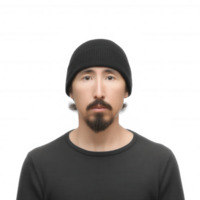 A thoughtful man wearing a black beanie and a dark shirt, looking directly at the camera with a serious expression against a white isolated background. png