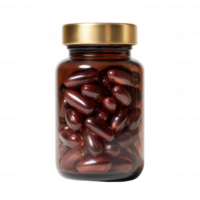 A transparent jar containing glossy red capsules, showcasing their vibrant color against a clean, white background, perfect for health and wellness concepts. png