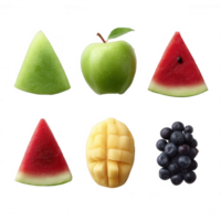 A vibrant assortment of fresh fruits, including watermelon, apple, mango, and blueberries, arranged against a white isolated background. png