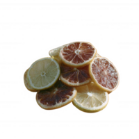 A vibrant pile of assorted dried citrus slices including lemons and blood oranges, showcasing unique textures and colors against a white isolated background. png